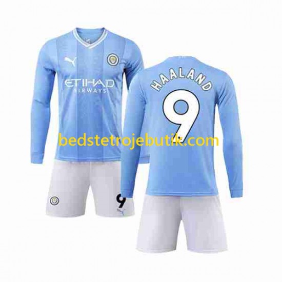 Manchester City Haaland 9 Børn Hjemmebane Fodboldtrøje 2023-2024 Langærmet